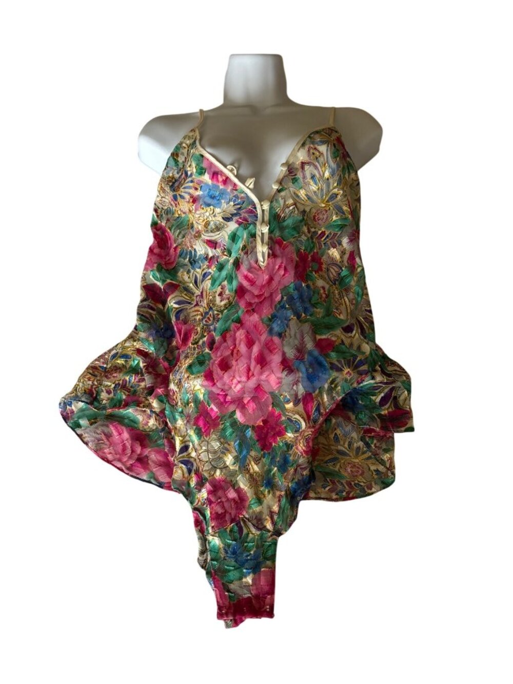 Vintage Victorias Secret Gold Label Sheer Floral Teddy Size Medium Button Front